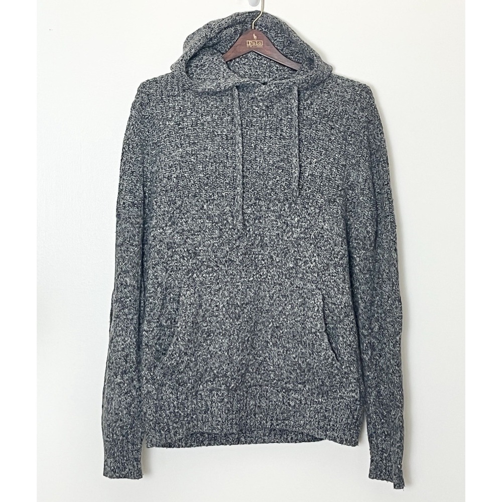 American Eagle Hooded Sweater Men's Medium Gray Knit Dark Academia Pocket Cozy‎